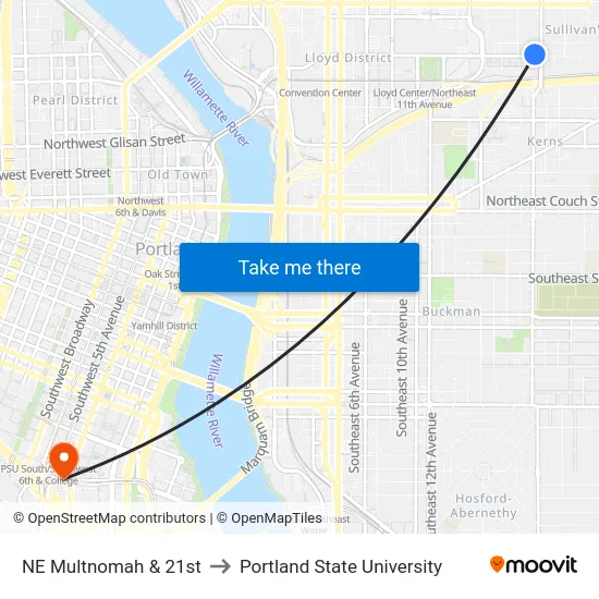 NE Multnomah & 21st to Portland State University map