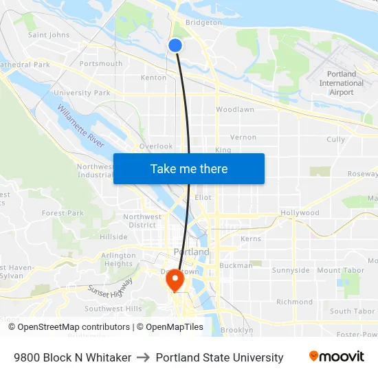 9800 Block N Whitaker to Portland State University map