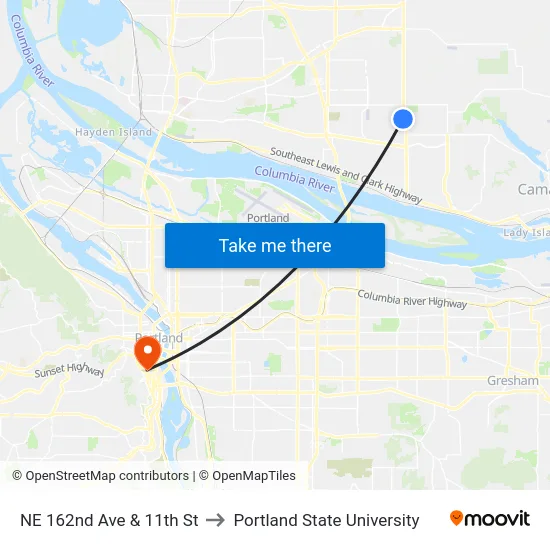 NE 162nd Ave & 11th St to Portland State University map