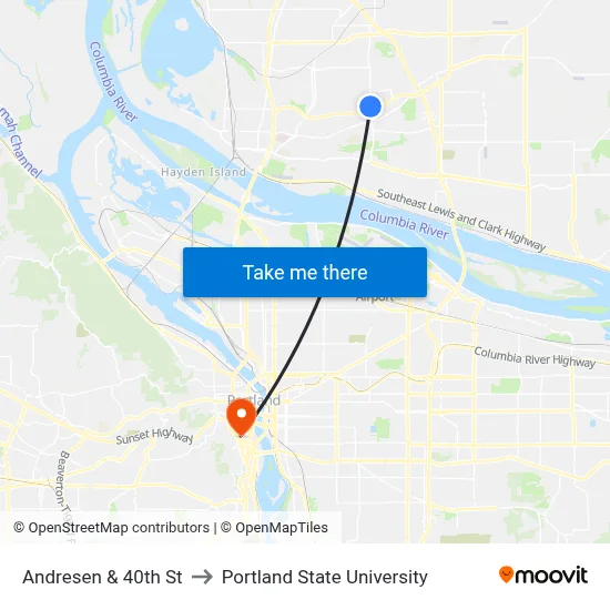 Andresen & 40th St to Portland State University map