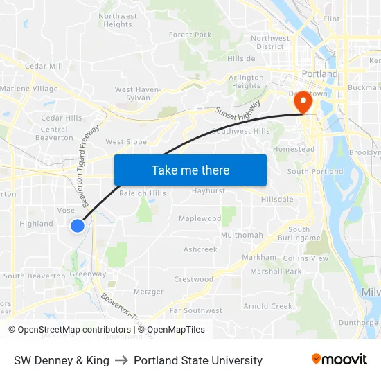 SW Denney & King to Portland State University map