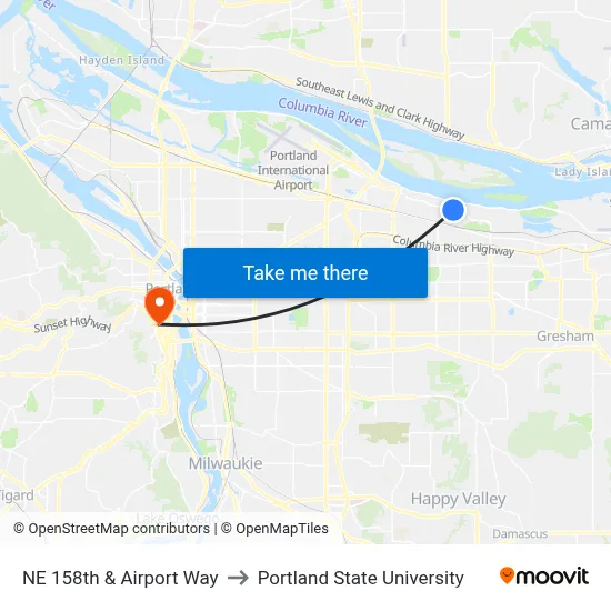 NE 158th & Airport Way to Portland State University map