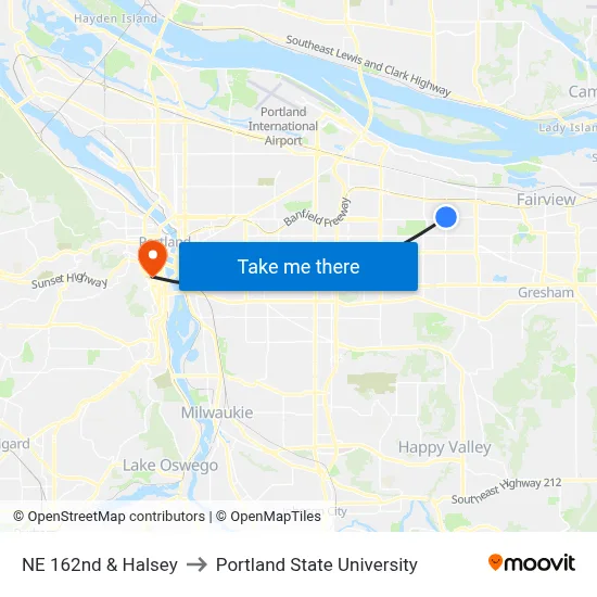 NE 162nd & Halsey to Portland State University map