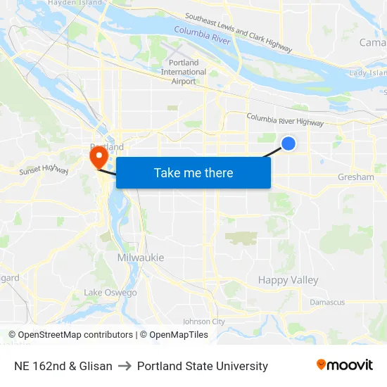 NE 162nd & Glisan to Portland State University map