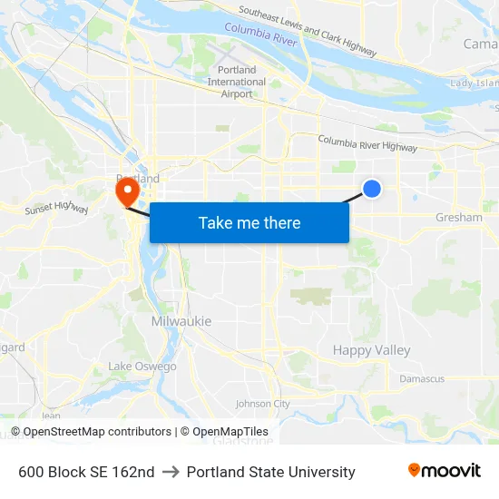 600 Block SE 162nd to Portland State University map