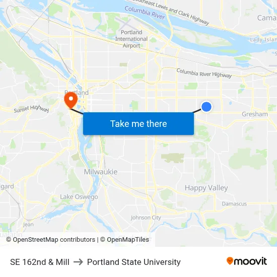 SE 162nd & Mill to Portland State University map