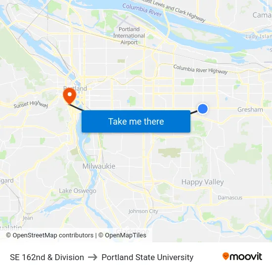 SE 162nd & Division to Portland State University map