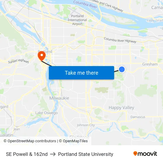 SE Powell & 162nd to Portland State University map