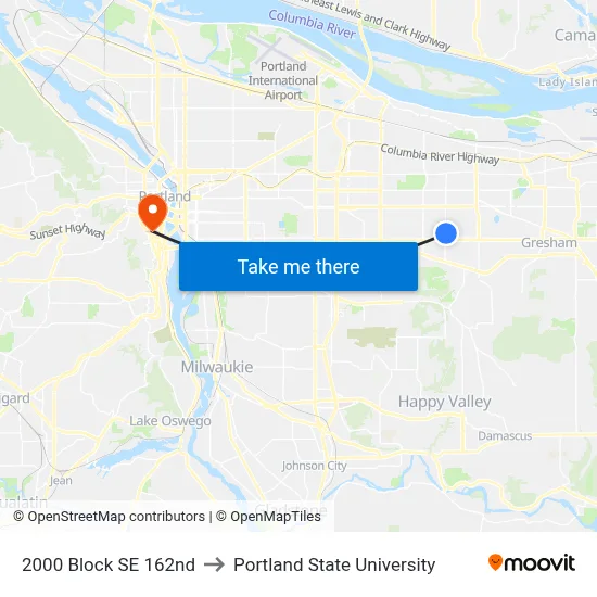2000 Block SE 162nd to Portland State University map