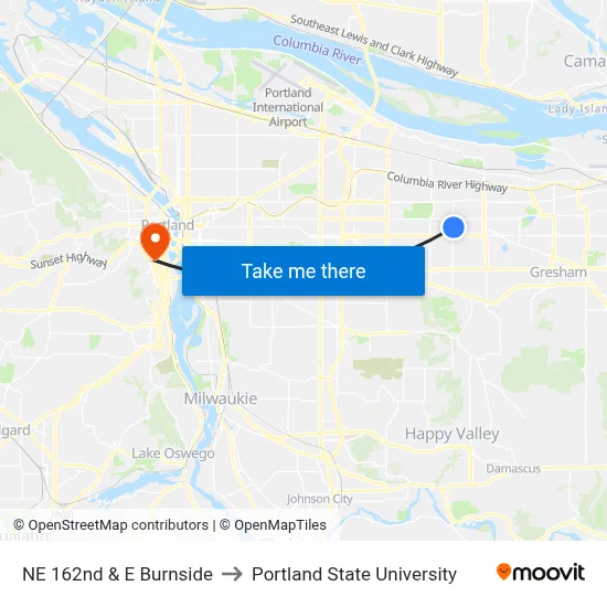NE 162nd & E Burnside to Portland State University map