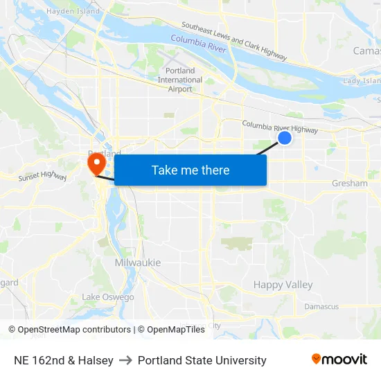 NE 162nd & Halsey to Portland State University map