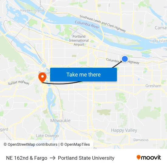 NE 162nd & Fargo to Portland State University map