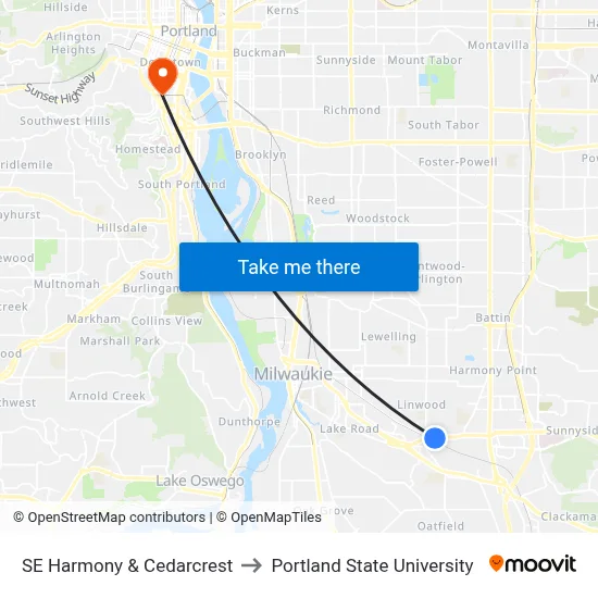 SE Harmony & Cedarcrest to Portland State University map