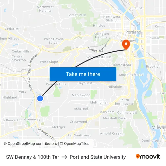 SW Denney & 100th Ter to Portland State University map