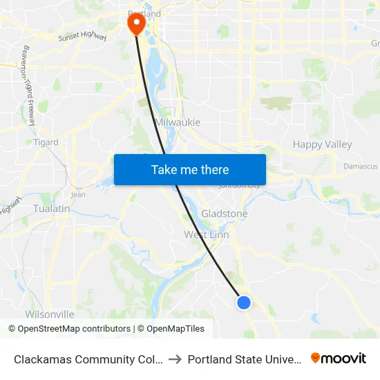 Clackamas Community College to Portland State University map