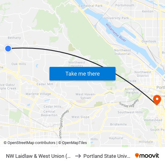 NW Laidlaw & West Union (North) to Portland State University map