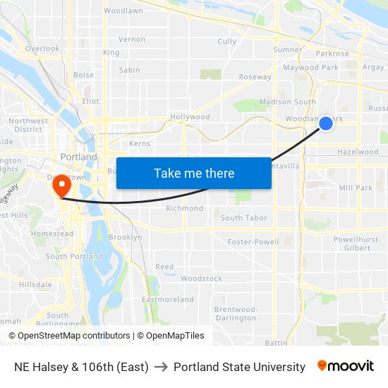 NE Halsey & 106th (East) to Portland State University map