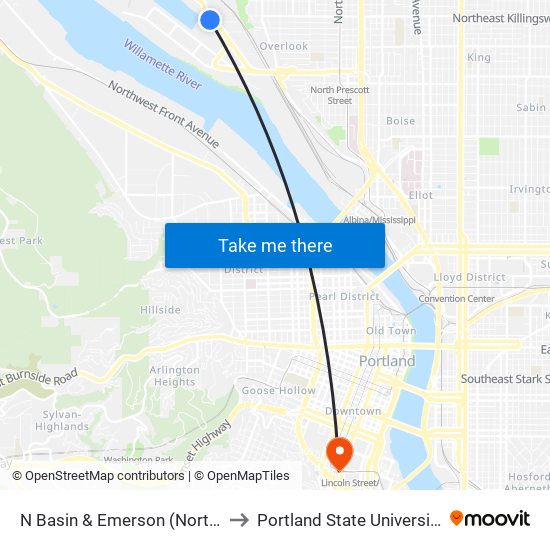 N Basin & Emerson (North) to Portland State University map