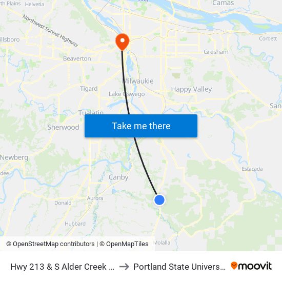 Hwy 213 & S Alder Creek Ln to Portland State University map