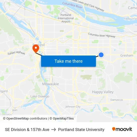 SE Division & 157th Ave to Portland State University map
