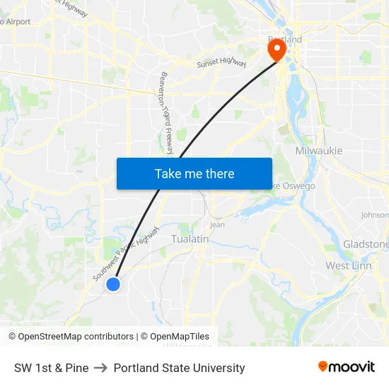 SW 1st & Pine to Portland State University map