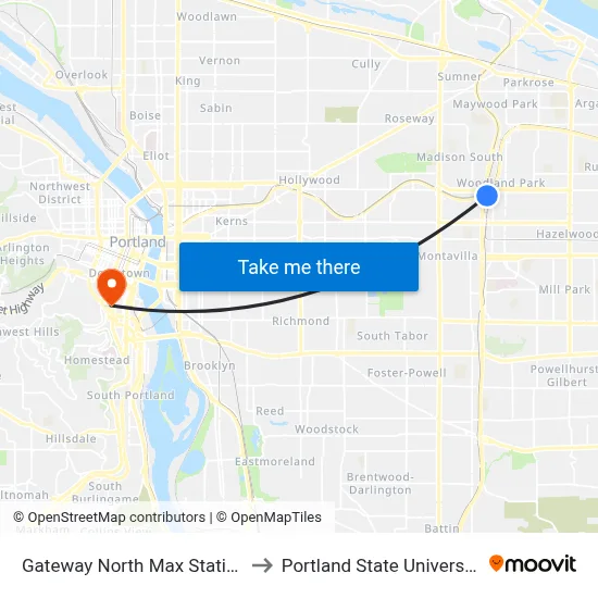 Gateway North Max Station to Portland State University map