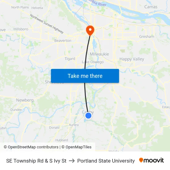 SE Township Rd & S Ivy St to Portland State University map
