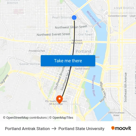 Portland Amtrak Station to Portland State University map
