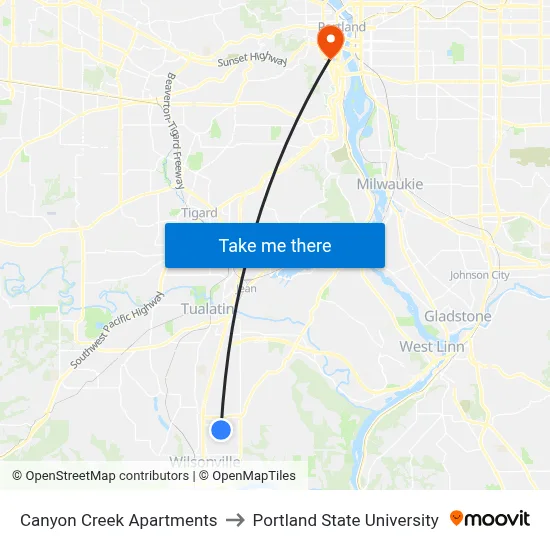 Canyon Creek Apartments to Portland State University map
