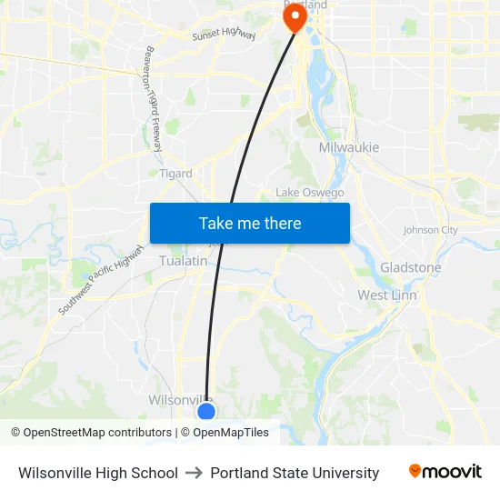 Wilsonville High School to Portland State University map