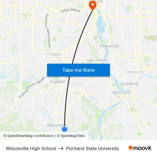 Wilsonville High School to Portland State University map