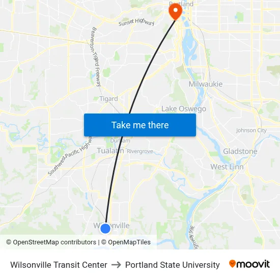 Wilsonville Transit Center to Portland State University map