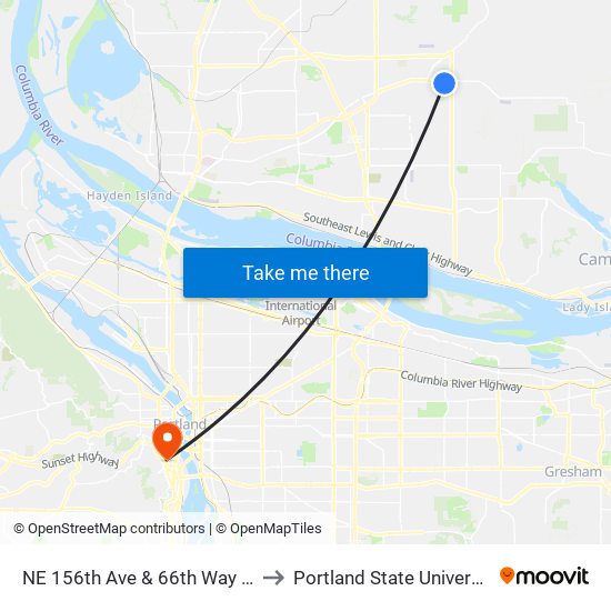 NE 156th Ave & 66th Way NB to Portland State University map