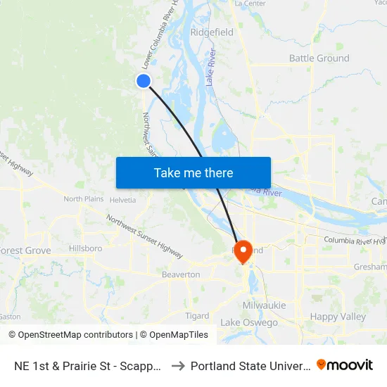 NE 1st & Prairie St - Scappoose to Portland State University map