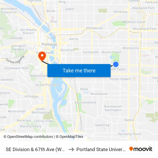 SE Division & 67th Ave (West) to Portland State University map