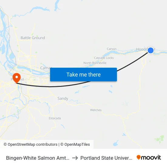 Bingen-White Salmon Amtrak to Portland State University map