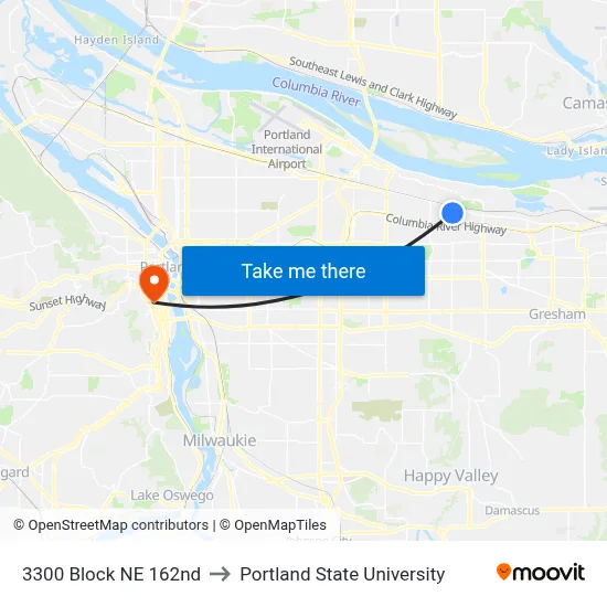 3300 Block NE 162nd to Portland State University map
