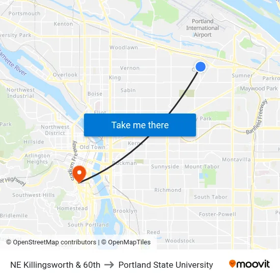 NE Killingsworth & 60th to Portland State University map