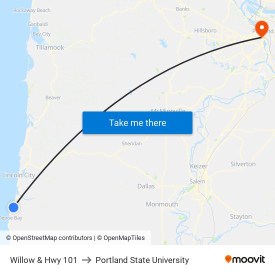 Willow & Hwy 101 to Portland State University map