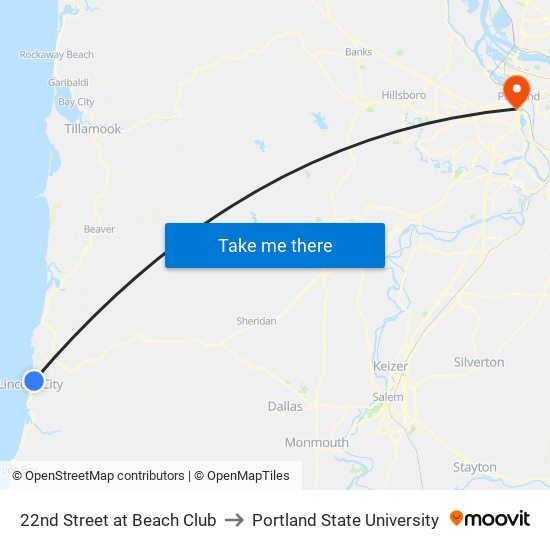 22nd Street at Beach Club to Portland State University map