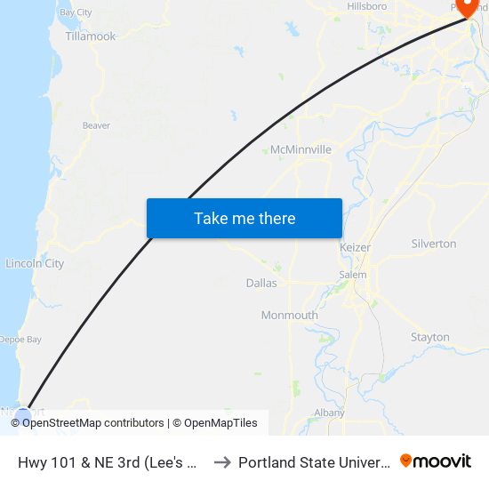 Hwy 101 & NE 3rd (Lee's Wok) to Portland State University map