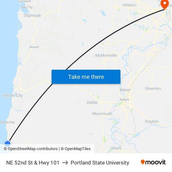 NE 52nd St & Hwy 101 to Portland State University map