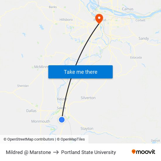 Mildred @ Marstone to Portland State University map