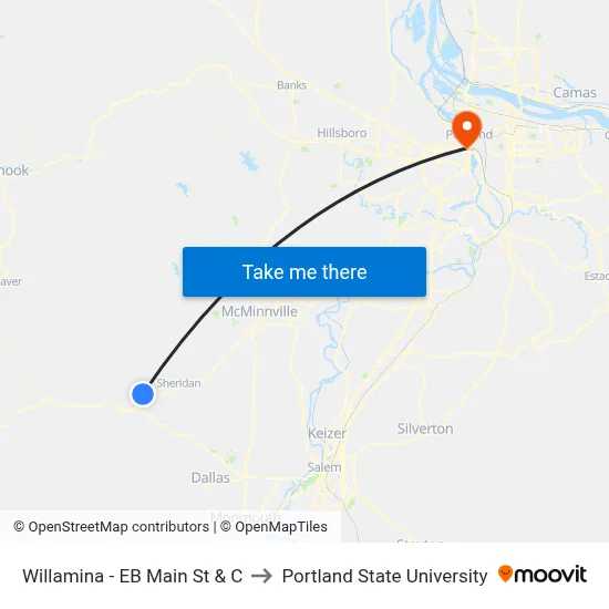 Willamina - EB Main St & C to Portland State University map