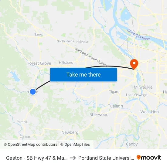 Gaston - SB Hwy 47 & Main to Portland State University map