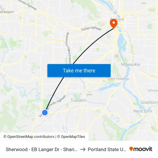 Sherwood - EB Langer Dr - Shari's (Tm 12849) to Portland State University map