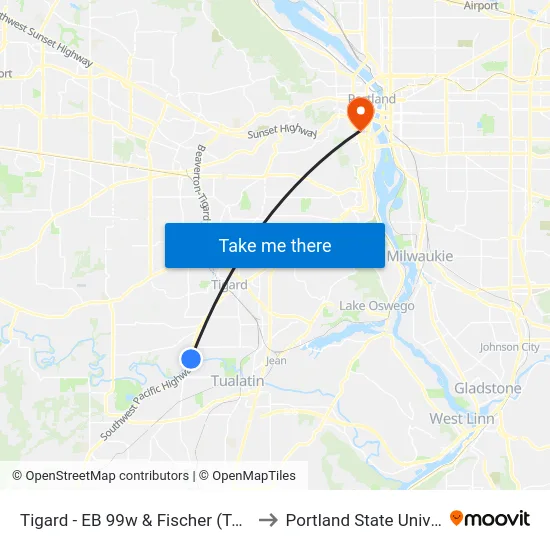 Tigard - EB 99w & Fischer (Tm  4258) to Portland State University map