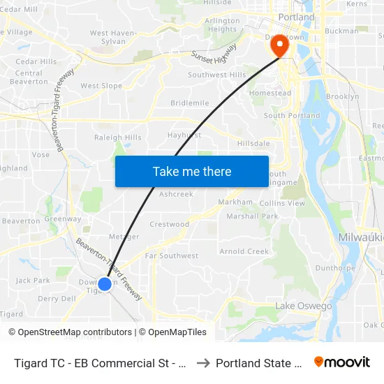 Tigard TC - EB Commercial St - Ballroom Studio to Portland State University map