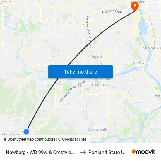 Newberg - WB 99w & Crestview/Providence to Portland State University map