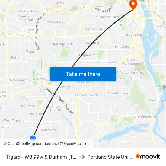 Tigard - WB 99w & Durham (Tm 8644) to Portland State University map